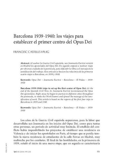 Barcelona 1939-1940: los viajes para establecer el primer centro del Opus Dei. [Artículo de revista]