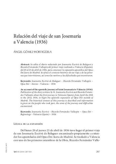 Relación del viaje de san Josemaría a Valencia (1936). [Journal Article]