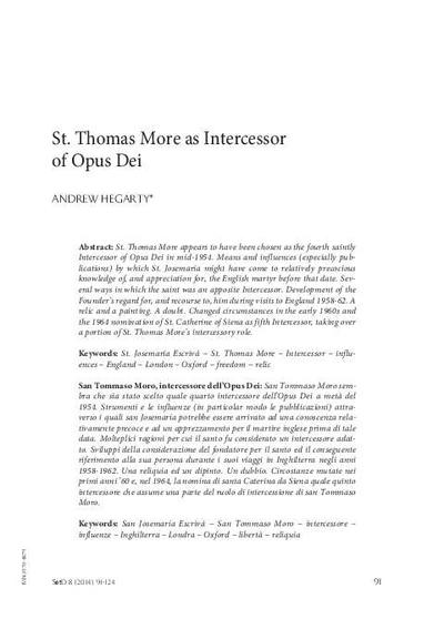 St. Thomas More as Intercessor of Opus Dei. [Journal Article]