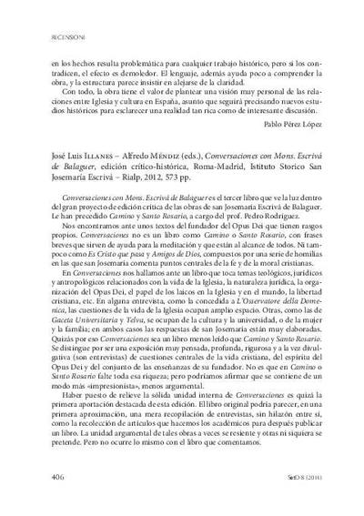 [Recensión sobre: Conversaciones con Mons. Escrivá de Balaguer. Edición crítico-histórica]. [Journal Article]