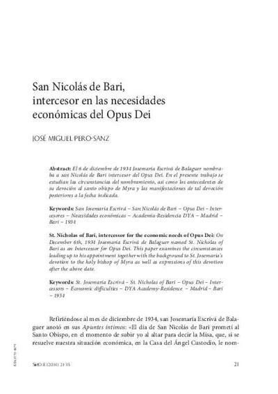 San Nicolás de Bari, intercesor en las necesidades económicas del Opus Dei. [Journal Article]