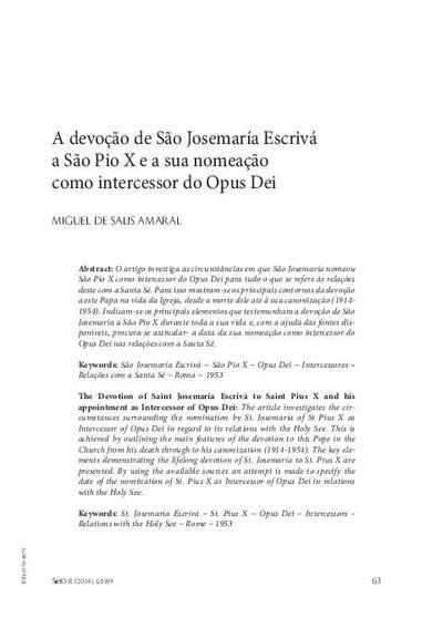 A devoção de São Josemaría Escrivá a São Pio X e a sua nomeação como intercessor do Opus Dei. [Artículo de revista]