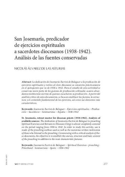San Josemaría, predicador de ejercicios espirituales a sacerdotes diocesanos (1938-1942). Análisis de las fuentes conservadas. [Journal Article]
