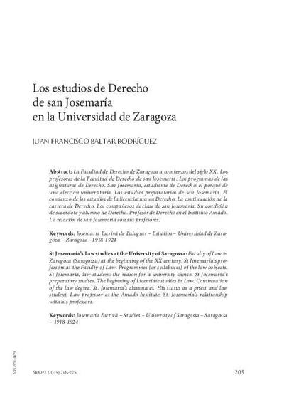 Los estudios de Derecho de san Josemaría en la Universidad de Zaragoza. [Artículo de revista]