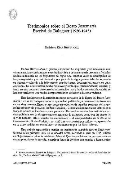 Testimonios sobre el beato Josemaría Escrivá de Balaguer (1920-1945). [Journal Article]