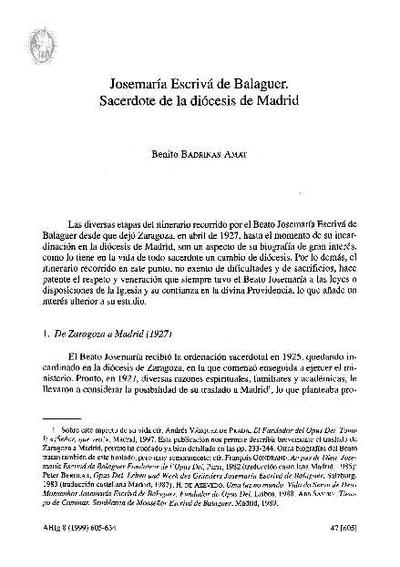 Josemaría Escrivá de Balaguer. Sacerdote de la diócesis de Madrid. [Artículo de revista]
