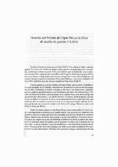 Homilía del Prelado del Opus Dei en la Misa de acción de gracias (7.X.2002). [Journal Article]