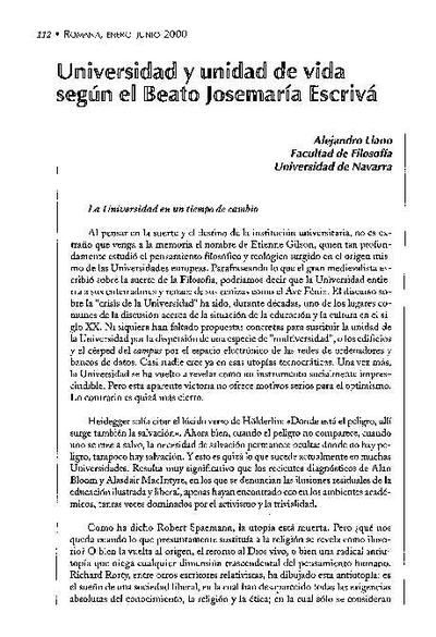 Universidad y unidad de vida según el Beato Josemaría Escrivá. [Journal Article]