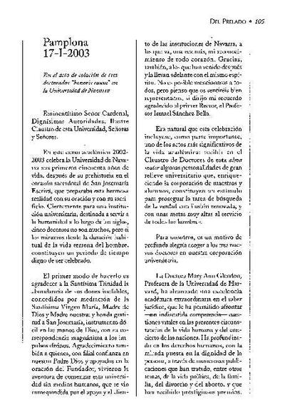 Discurso en el Acto de colación de tres doctorados "honoris causa" en la Universidad de Navarra. Pamplona (17-I-2003). [Artículo de revista]