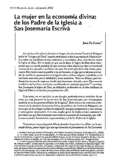 La mujer en la economía divina: de los Padres de la Iglesia a San Josemaría Escrivá. [Journal Article]