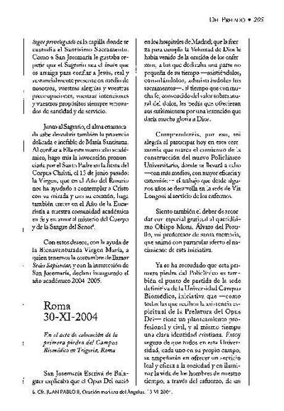 En el acto de colocación de la primera piedra del Campus Biomédico en Trigoria, Roma (30-XI-2004). [Journal Article]