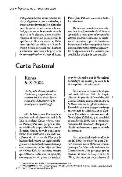 Carta pastoral con ocasión del Año de la Eucaristía difundida a través de Internet www.opusdei.org. Roma (6-X-2004). [Journal Article]