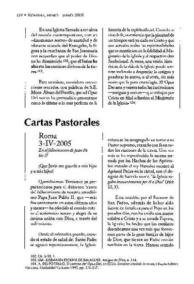 Carta pastoral en el fallecimiento de Juan Pablo II. Roma (3-IV-2005). [Journal Article]