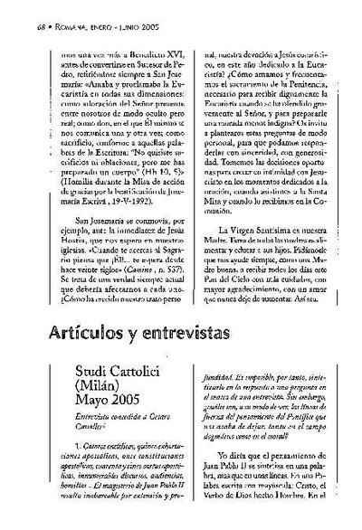 Entrevista concedida a Cesare Cavalleri, «Studi Cattolici», Milán (Mayo 2005). [Journal Article]
