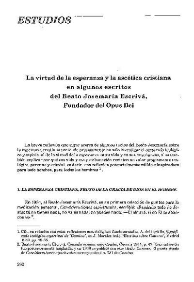La virtud de la esperanza y la ascética cristiana en algunos escritos del Beato Josemaría Escrivá, Fundador del Opus Dei. [Journal Article]