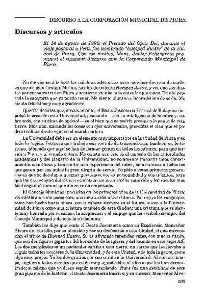 Discurso a la Corporación Municipal de Piura, Perú (14-VIII-1996). [Journal Article]