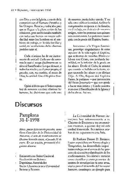 Discurso del Gran Canciller Excmo. y Revmo. Sr. Javier Echevarría, en el acto de nombramiento de doctores <i>honoris causa</i>, por la Universidad de Navarra (31-I-1998). [Artículo de revista]