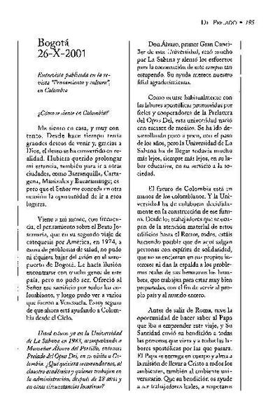 Entrevista publicada en la revista «Pensamiento y cultura», en Colombia (26-X-2001). [Artículo de revista]