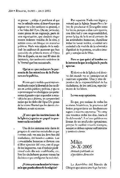 Artículo publicado en el periódico «Avvenire». Milán (26-X-2005). [Artículo de revista]