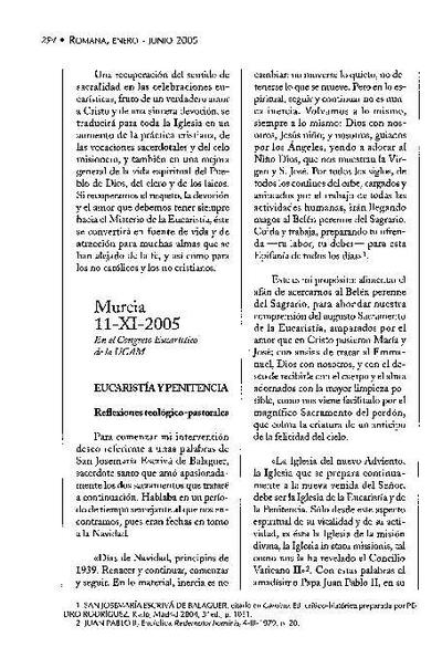 Eucaristía y Penitencia. Conferencia en el Congreso Eucarístico de la UCAM. Murcia (11-XI-2005). [Journal Article]
