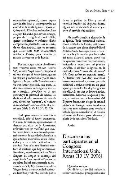 Discurso a los participantes en el Congreso Internacional UNIV, Roma (10-IV-2006). [Journal Article]