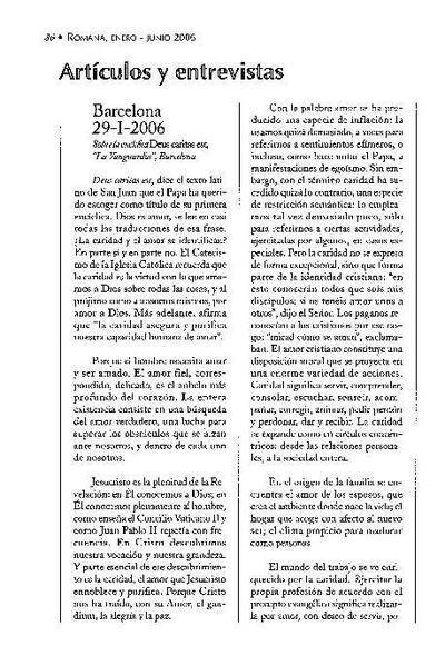 Sobre la encíclica <i>Deus caritas est</i>, «La Vanguardia», Barcelona (29-I-2006). [Artículo de revista]