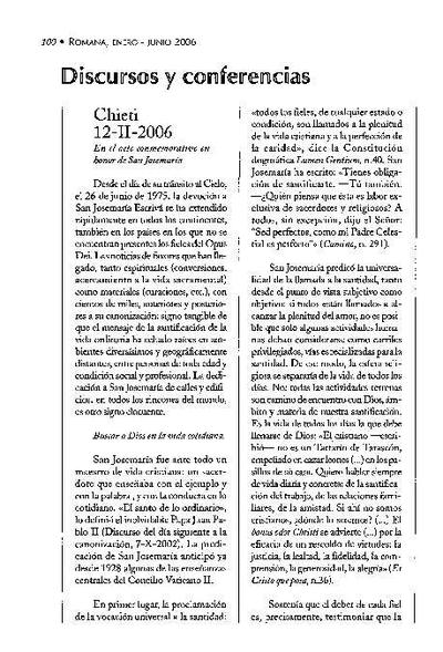 Discurso en el acto conmemorativo en honor de San Josemaría. Chieti (12-II-2006). [Journal Article]