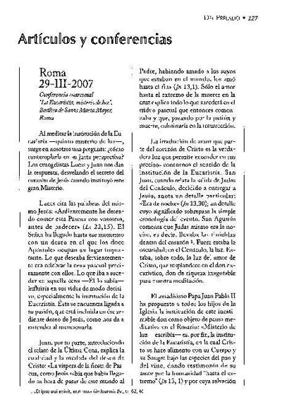 Conferencia cuaresmal "La Eucaristía, misterio de luz". Basílica de Santa María la Mayor. Roma (29-III-2007). [Journal Article]