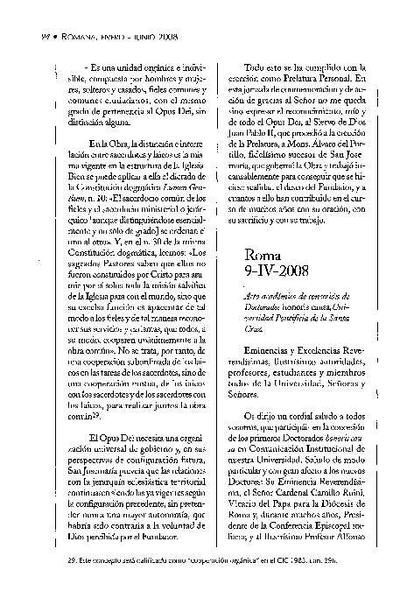 Acto académico de concesión de Doctorados <i>honoris causa</i>, Universidad Pontificia de la Santa Cruz. Roma (9-IV-2008). [Artículo de revista]