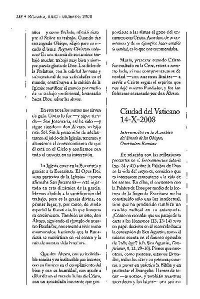 Intervención en la Asamblea del Sínodo de los Obispos, «Osservatore Romano». Ciudad del Vaticano (14-X-2008). [Artículo de revista]