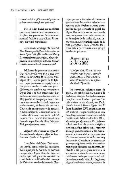 El Opus Dei, 80 años de una siembra de paz. Artículo publicado en el «Diario Clarín», en el 80 aniversario de la fundación del Opus Dei. Argentina (2-X-2008). [Artículo de revista]
