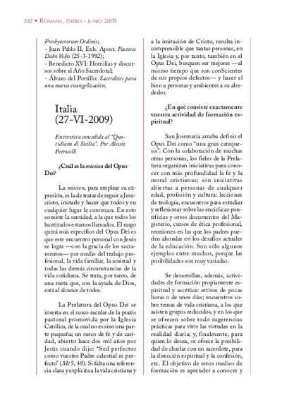 Entrevista concedida al «Quotidiano di Sicilia» (realizada por Alessio Patrocelli). Italia (27-VI-2009). [Artículo de revista]