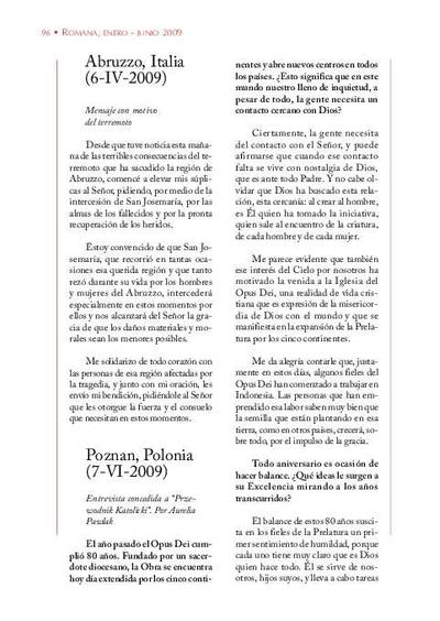 Entrevista concedida a «Przewodnik Katolicki» (realizada por Aurelia Pawlak). Poznan, Polonia (7-VI-2009). [Journal Article]