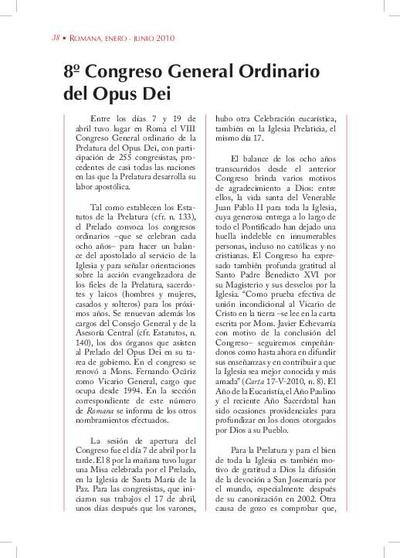 8º Congreso General Ordinario del Opus Dei. [Artículo de revista]