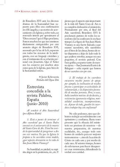 Al concluir el Año Sacerdotal (por Alfonso Riobó). Entrevista concedida a la revista «Palabra», España (junio 2010). [Journal Article]
