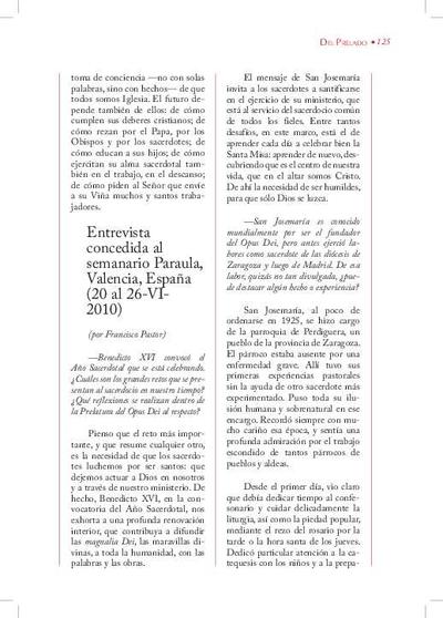 Entrevista concedida al semanario «Paraula», Valencia, España (20 al 26-VI-2010) [Entrevista realizada por Francisco Pastor]. [Artículo de revista]