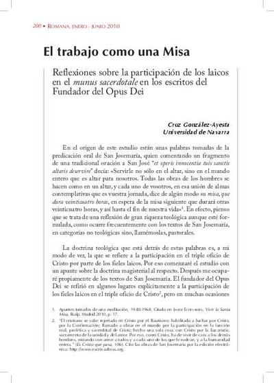El trabajo como una Misa: Reflexiones sobre la participación de los laicos en el <i>munus sacerdotale</i> en los escritos del Fundador del Opus Dei. [Artículo de revista]