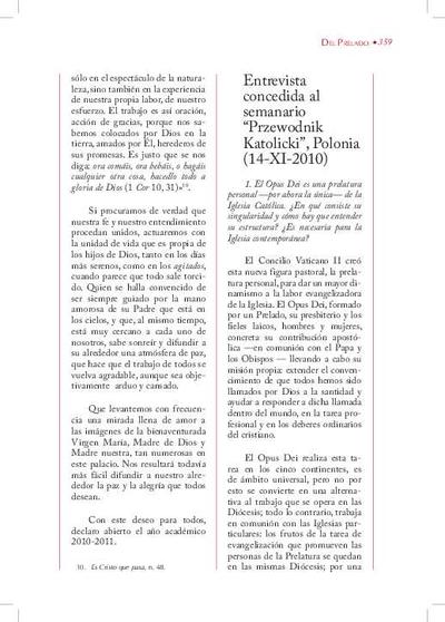 Entrevista concedida al semanario «Przewodnik Katolici», Polonia (14-XI-2010). [Artículo de revista]