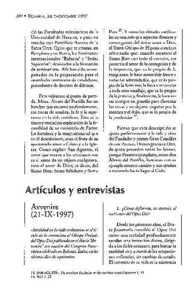 Santidad en la vida ordinaria. Entrevista publicada en el diario «Avvenire», Milán (21-IX-1997). [Artículo de revista]
