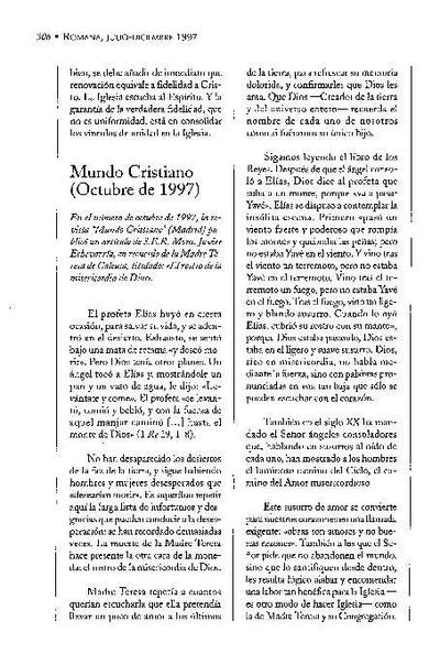 El rostro de la misericordia de Dios. Artículo publicado en la revista <i>Mundo Cristiano</i>, Madrid (Octubre 1997). [Journal Article]
