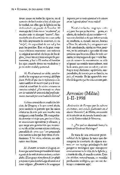 Redención de Europa por la cultura cristiana. Entrevista al diario «Avvenire», Milán (1-II-1998). [Journal Article]