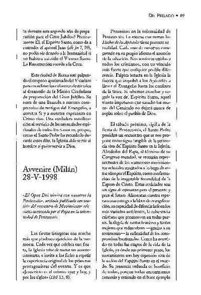 El Opus Dei vivirá con nosotros la Pentecostés. Artículo publicado en el diario «Avvenire», Milan (28-V-1998). [Artículo de revista]