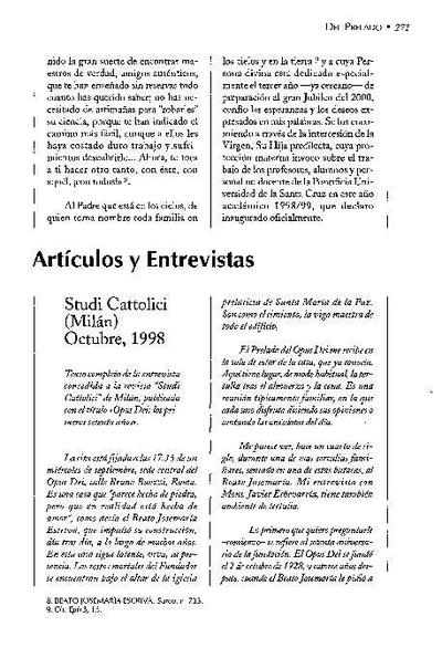 Opus Dei: los primeros setenta años. Entrevista realizada por Cesare Cavalleri, a la revista «Studi cattolici», Milán (X-1998). [Journal Article]