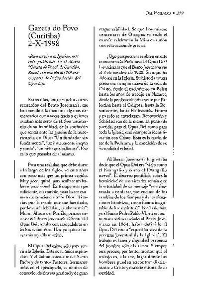 Para servir a la Iglesia. Artículo publicado en el diario «Gazeta do Povo», Curitiba (2-X-1998). [Journal Article]