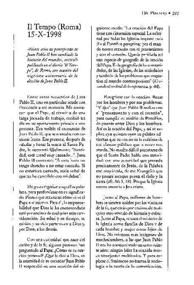 Veinte años de pontificado de Juan Pablo II. Artículo publicado en el diario «Il Tempo». Roma (15-X-1998). [Journal Article]