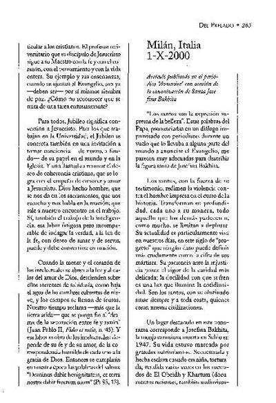 Artículo publicado en el periódico «Avvenire», con ocasión de la canonización de Santa Josefina Bakhita, Milán, Italia (1-X-2000). [Artículo de revista]