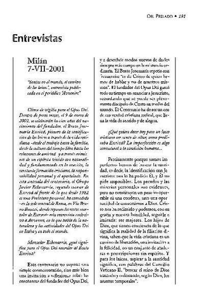 Santos en el mundo, el camino de los laicos. Entrevista publicada en el diario «Avvenire», Milán (7-VII-2001). [Artículo de revista]