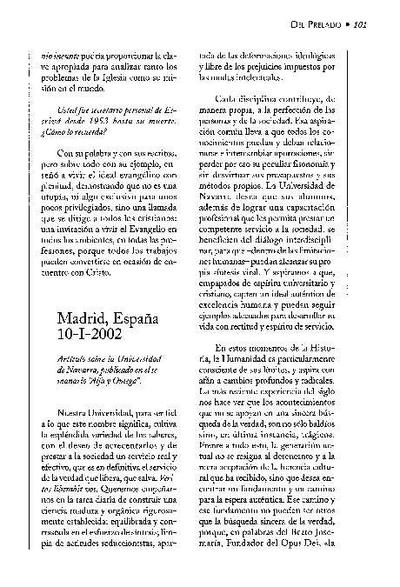 Artículo publicado en el semanario «Alfa y Omega», Madrid, España (10-I-2002). [Journal Article]