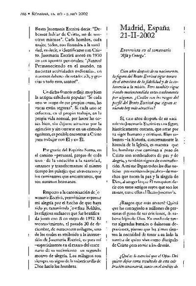 Entrevista en el semanario «Alfa y Omega», Madrid, España (21-II-2002). [Journal Article]