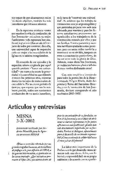 Entrevista realizada por Federico Mandillo para la Agencia de noticias «MISNA» (3-X-2002). [Journal Article]